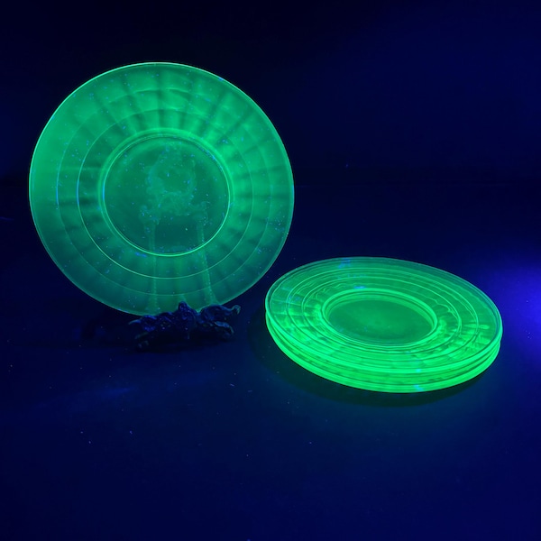 Vintage Green Uranium Glass Block Optic Plates, Anchor Hocking Depression Glass, 8" Dinner Plate, SOLD SEPARATELY