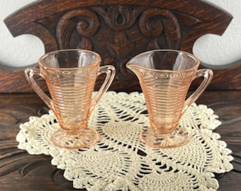 Vintage Pink Depression Glass Creamer and Sugar Set, Anchor Hocking Circle Pattern, 1930s Pink Ribbed Glassware, Footed Tea Serving Set