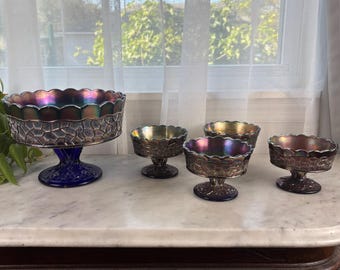 Antique Dugan Cobalt Blue Carnival Glass Berry Set, Maple Leaf Pattern, 5 Piece Master Bowl and Small Bowls, Peacock Feather, Geometric