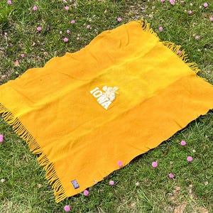 May include: A yellow and orange blanket with the word "IOWA" in white lettering. The blanket is rectangular with a fringed edge and is lying on a bed of green grass with small pink flowers.