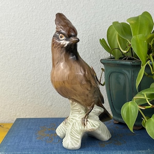 May include: A brown ceramic bird figurine with a crest, perched on a white branch. The bird has detailed feather markings and is set against a blue book with the text "TREASURE ISLAND". A green potted plant is in the background.