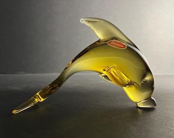 Golden Vintage Murano Handblown Glass Dolphin Figurine, Glass Art, Sunshine Yellow, Amber