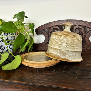 Rustic Pottery Butter/Cheese Domed And Handled Lid Dish With Plate