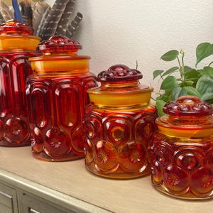 Amberina Glass Moon and Stars Canisters, LE Smith Glass Company, Vintage, Specialty, Collectable, MCM, Décor,