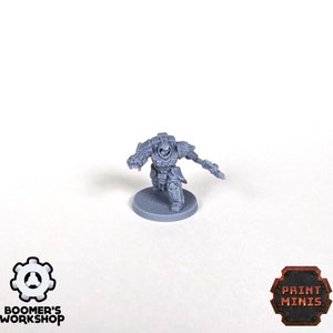 May include: A gray plastic miniature of a robot warrior in a battle pose, holding a weapon in one hand and a shield in the other. The miniature is standing on a round base.