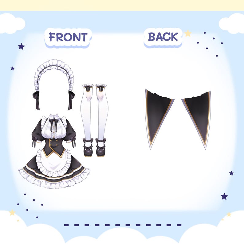 May include: A maid costume with a white and black dress, a white apron, a white collar, black bow tie, black and white stockings, and black shoes. The costume also includes a white headband with black trim and a pair of black and gold ears.