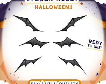 May include: A digital graphic featuring six stylized black bat wings, perfect for a Halloween-themed VTuber asset. The image includes text that reads "VTUBER ASSET HALLOWEEN!!" and "READY TO USE!" with "PNG | HIGH QUALITY" at the bottom.