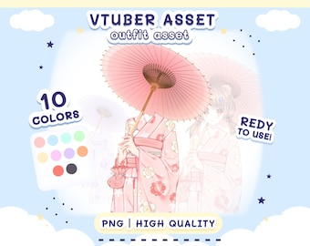 May include: A digital illustration of a pink and white kimono outfit with a matching pink umbrella. The outfit is available in 10 different colors. The text "VTUBER ASSET outfit asset" and "READY TO USE!" is included in the image. The image is labeled "PNG | HIGH QUALITY".