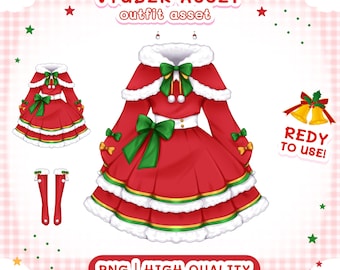 May include: A red VTuber outfit asset with white fur trim, green bows, and a white belt. The outfit includes a dress, socks, and the text "READY TO USE!" and "PNG | HIGH QUALITY".