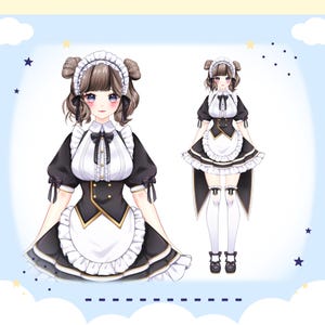 May include: A cartoon illustration of a maid in a black and white dress with a white apron and a black bow. She has brown hair with two buns and blue eyes. The maid is standing with her arms at her sides.