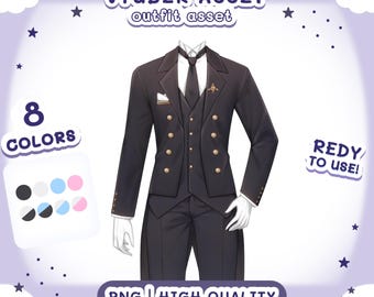 Puede incluir: Un traje de esmoquin negro y dorado para un avatar de VTuber. El atuendo incluye una chaqueta, un chaleco, pantalones y una corbata de moño. El atuendo está disponible en 8 colores. PNG | ALTA CALIDAD. LISTO PARA USAR!