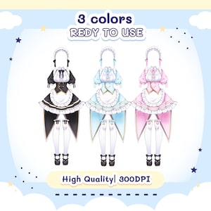 May include: Three maid outfits in black, light blue, and pink with white accents. Each outfit includes a dress, apron, and headpiece. The text "3 colors REDY TO USE" and "High Qualitly 300DPI" is included in the image.