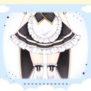 May include: A black and white maid outfit with a white apron and gold trim. The skirt has a ruffled hem and the outfit includes white thigh-high stockings with black bows.