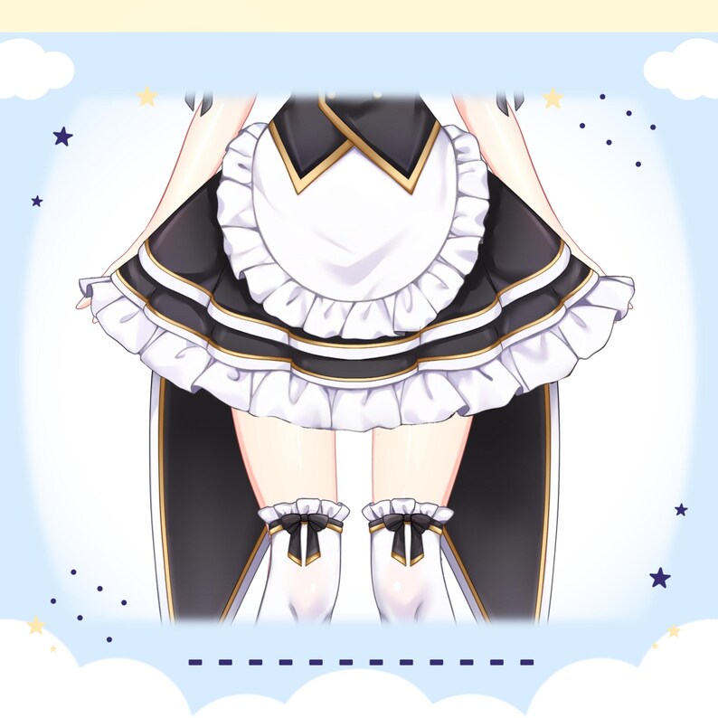 May include: A black and white maid outfit with a white apron and gold trim. The skirt has a ruffled hem and the outfit includes white thigh-high stockings with black bows.