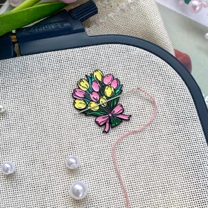 Bouquet of flowers enamel needle minder, Floral needle minder, Cross stitch, Needle work, Needlecraft, Sewing, Needle keeper, Stitching tool