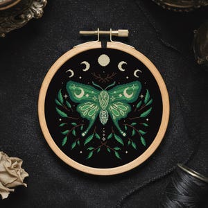 Gothic green moth cross stitch pattern PDF, Butterfly cross stitch, Floral cross stitch, Witchy cross stitch, Moon cross stitch, Embroidery