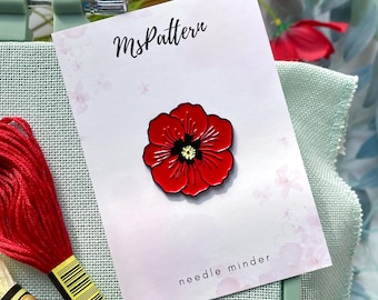 Red Flower Enamel Needle Minder for Cross Stitch, Needle Keeper, Floral Needle Holder for Embroidery