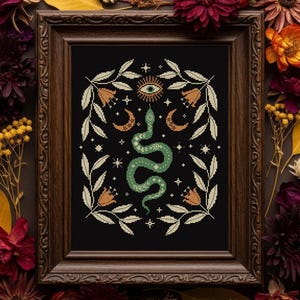 Gothic snake cross stitch pattern PDF, Floral snake cross stitch, Witchy cross stitch, Occult cross stitch, Moon embroidery, Dark X-stitch