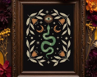 Gothic snake cross stitch pattern PDF, Floral snake cross stitch, Witchy cross stitch, Occult cross stitch, Moon embroidery, Dark X-stitch