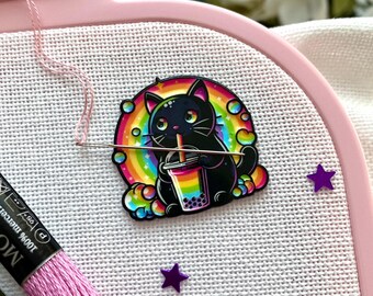 Kawaii Black Cat Needle Minder, Magnetic Needle Holder for Cross Stitch & Embroidery, Cute Cat Needle Keeper, Cover Minder, Needle Nanny