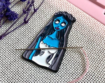 Gothic enamel needle minder, Fantasy needle minder, Spooky bride skeleton magnetic needle holder, Creepy cute cross stitch accessory
