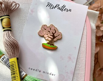 Bonsai Tree Enamel Needle Minder, Cherry Blossom Magnetic Needle Holder, Japanese Bonsai Needle Magnet, Needle Keeper for Cross Stitch