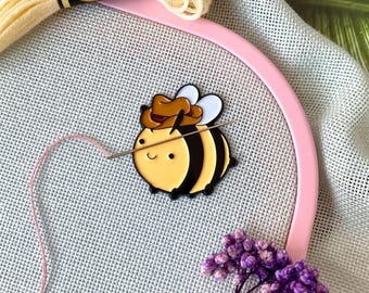 Cowboy bee enamel needle minder, Bumble bee needle magnet, Funny needle nanny, Cute magnetic minder, Cover minder, Needle keeper, Embroidery