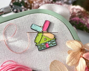 Windmill House Needle Minder for Cross Stitch and Embroidery, Magnetic Needle Holder for Stitching
