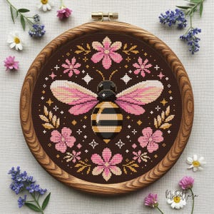 Flower bee cross stitch pattern, Floral bee x-stitch, Honey bee emroidery, Dark cross stitch, nature cross stitch, Simple cross stitch PDF