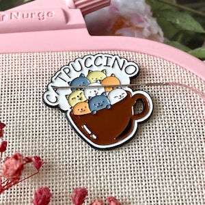 Catpuccino needle minder, Coffee enamel magnetic pin, Cute cats needle magnet, Animals needle holder, Funny needle keeper, Gift for stitches