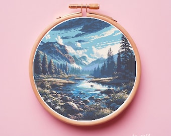 Forest lake cross stitch pattern, Landscape cross stitch design, Mountain cross stitch, Instant download PDF, Wild nature embroidery pattern
