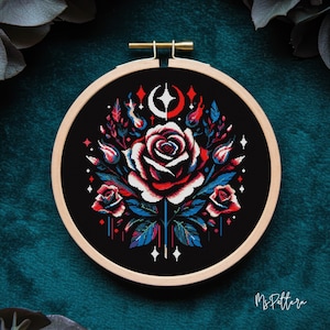Midnight rose cross stitch pattern PDF, Gothic flowers cross stitch, Magical cross stitch chart, Witchy cross stitch, Witchcraft, Embroidery