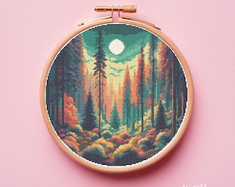 Moonlit forest cross stitch pattern, Landscape, Nature embroidery design, Instant download, PDF, Counted cross stitch chart, Trees X-stitch