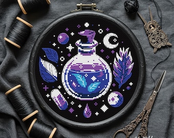 Witch's potion cross stitch pattern, PDF, Gothic cross stitch, Halloween bottle cross stitch, Easy simple cross stitch, Counted cross stitch