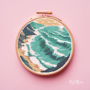 Landscape cross stitch pattern, Ocean embroidery design, Sea Waves cross stitch, PDF, Digital download, Coastal counted cross stitch, Nature