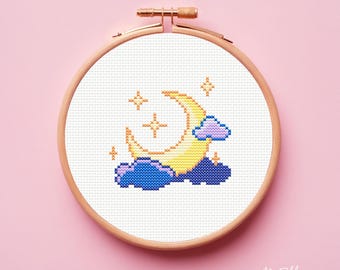 Sky cross stitch, Astronomy cross stitch, Cross stitch pattern moon, Simple counted cross stitch, Celestial cross stitch, Moon hoop art, PDF
