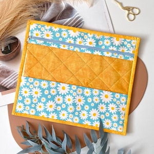 Daisies project bag for cross stitch, Embroidery, Needlework, Textile envelope, Craft supplies storage, Floral x-stitch bag, Project case