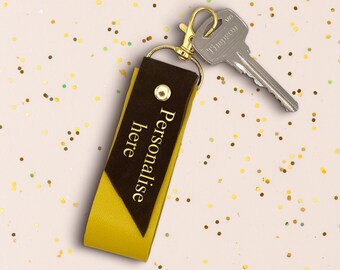 Personalised Leather Keyring - Cut By Hand - Mustard Yellow and Dark Brown