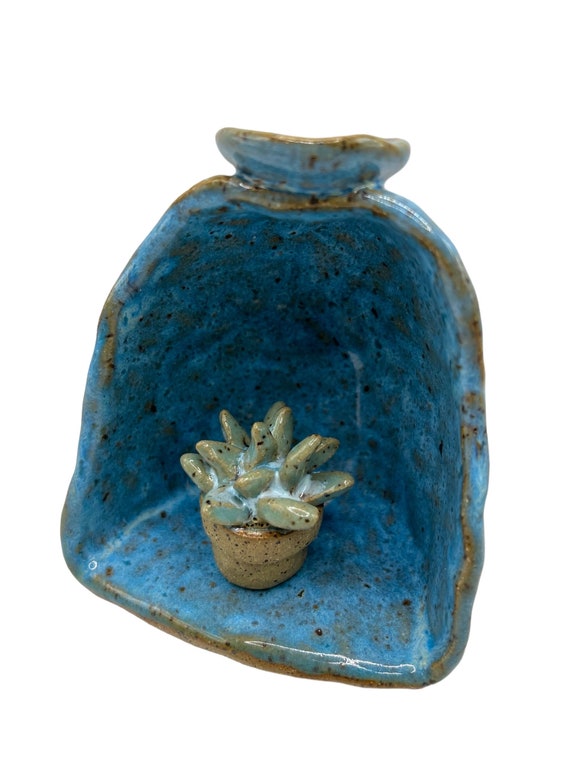 Blue Ceramic Backflow Incense Burner with Sculpted Succulent Figurine - Gift - Home Decor - Aromatherapy