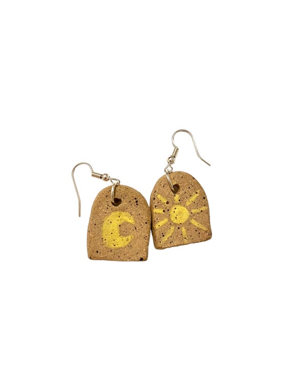 Handmade Ceramic Earrings Hand Painted using Underglaze - Sun & Moon Dangle Earrings - Pottery Celestial Earrings