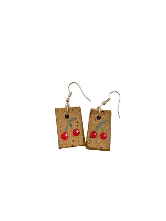 Handmade Ceramic Earrings Hand Painted using Underglaze Ceramic Dangle Earrings - Pottery Cherry Earrings