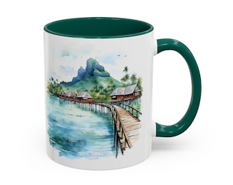 Bora Bora Watercolor Mug – Personalized Island Paradise Cup with Lagoon, Mount Otemanu & Overwater Bungalows Design