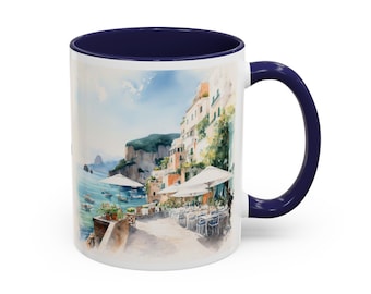 Capri Mug – Coastal Watercolor Coffee Cup Inspired by Italy, Mediterranean Travel Gift, Ceramic Souvenir, Personalized Italian Mug.