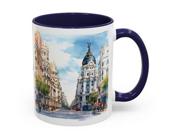 Madrid Aquarellbecher - Personalisiertes Spanien Reisegeschenk, Madrid Skyline Kaffeetasse, farbenfrohes Interieur, 11 Unze / 15 Unze, individueller Namensbecher