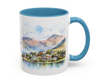 Queenstown Watercolor Coffee Mug – Scenic Lakes, Majestic Mountains, and Adventure-Inspired Design for Nature & Travel Lovers