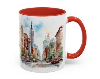 NYC Watercolor Mug: Iconic Landmarks, Yellow Taxis - Custom Ceramic Gift