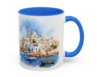 Ibiza Coffee Mug: Watercolor Mediterranean Coastline Art