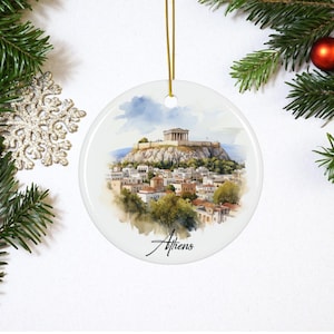 Ornamento di Atene - Ceramica dipinta a mano in stile acquerello, ricordo di viaggio unico e decorazione natalizia, opzione anno personalizzato