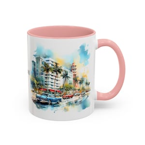 Miami Retro Mug: Relive the Vibrant 1960s Charm in Stunning Watercolor Design, Perfect for Travel and Art Enthusiasts! Perfect Gift