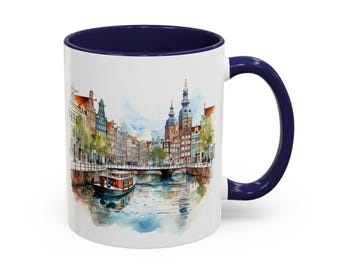 Amsterdam Coffee Mug: Watercolor Landmark Views, Travel Gift